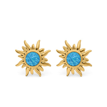 Sun Stud Earrings Yellow Tone, Lab Created Blue Opal 925 Sterling Silver (6.26mm)